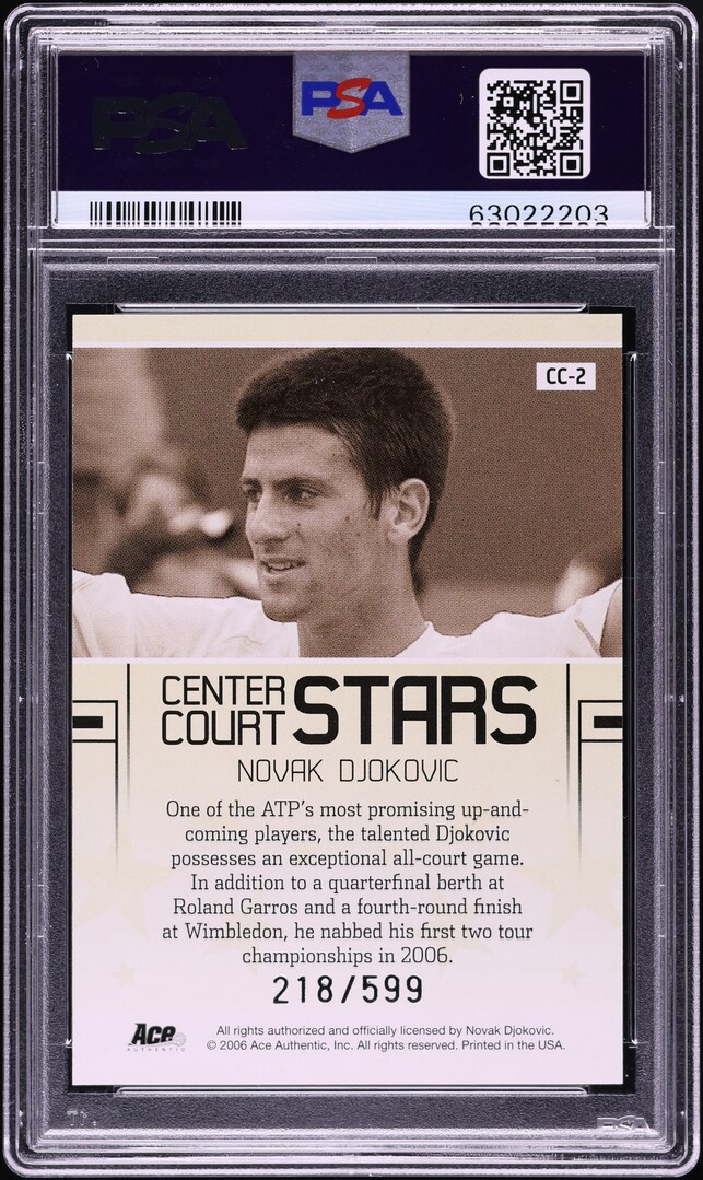 2006 Ace Authentic Center Court Stars Novak Djokovic ROOKIE /599 #CC-2 PSA 9