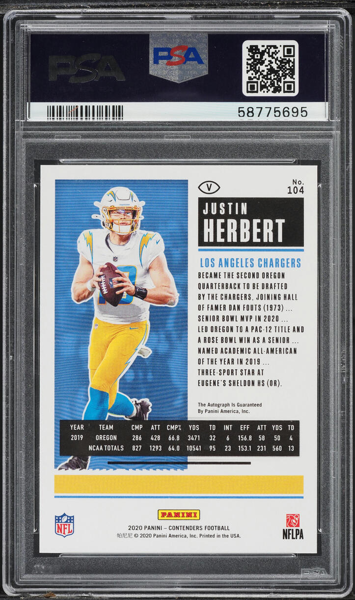 2020 Panini Contenders Ticket Justin Herbert ROOKIE AUTO DNA 10 #104 PSA 10 GEM