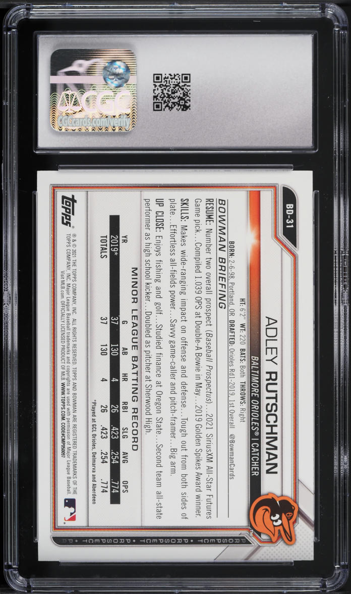 2021 Bowman Draft 1st Edition Orange Foil Adley Rutschman PROSPECT 1/25 CGC 10