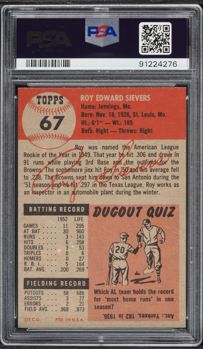 1953 Topps Roy Sievers #67 PSA 8 NM-MT