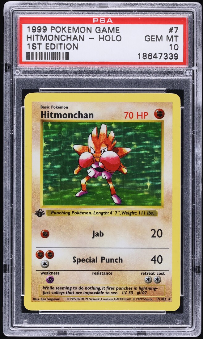 1999 Pokemon Base Set Shadowless 1st Edition Holo Hitmonchan #7 PSA 10 ...