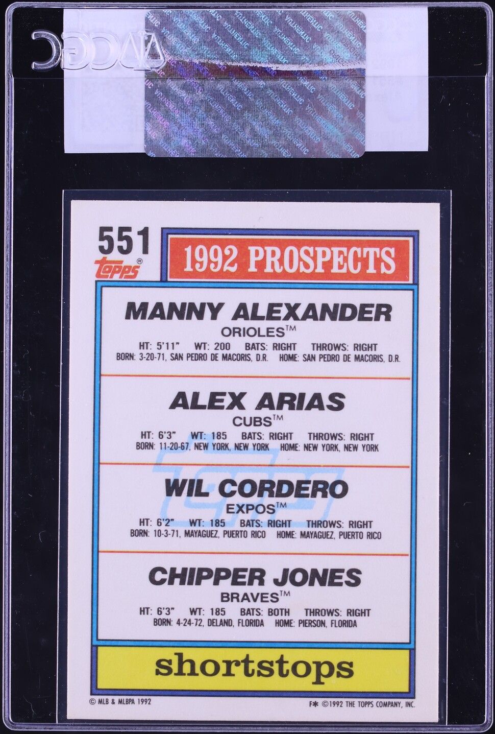 1992 Topps Prospects Chipper Jones Arias Alexander Cordero ROOKIE #551 CGC AUTH