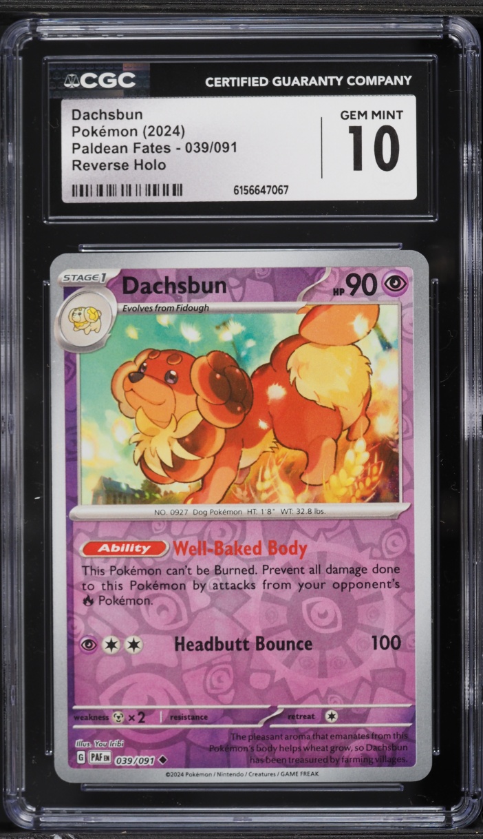 2024 Pokemon Scarlet & Violet Paldean Fates Reverse Holo Dachsbun #39 CGC 10 GEM MINT