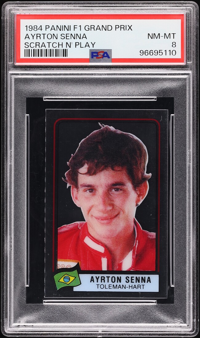 1984 Panini F1 Grand Prix Scratch N' Play Ayrton Senna ROOKIE PSA 8 NM-MT
