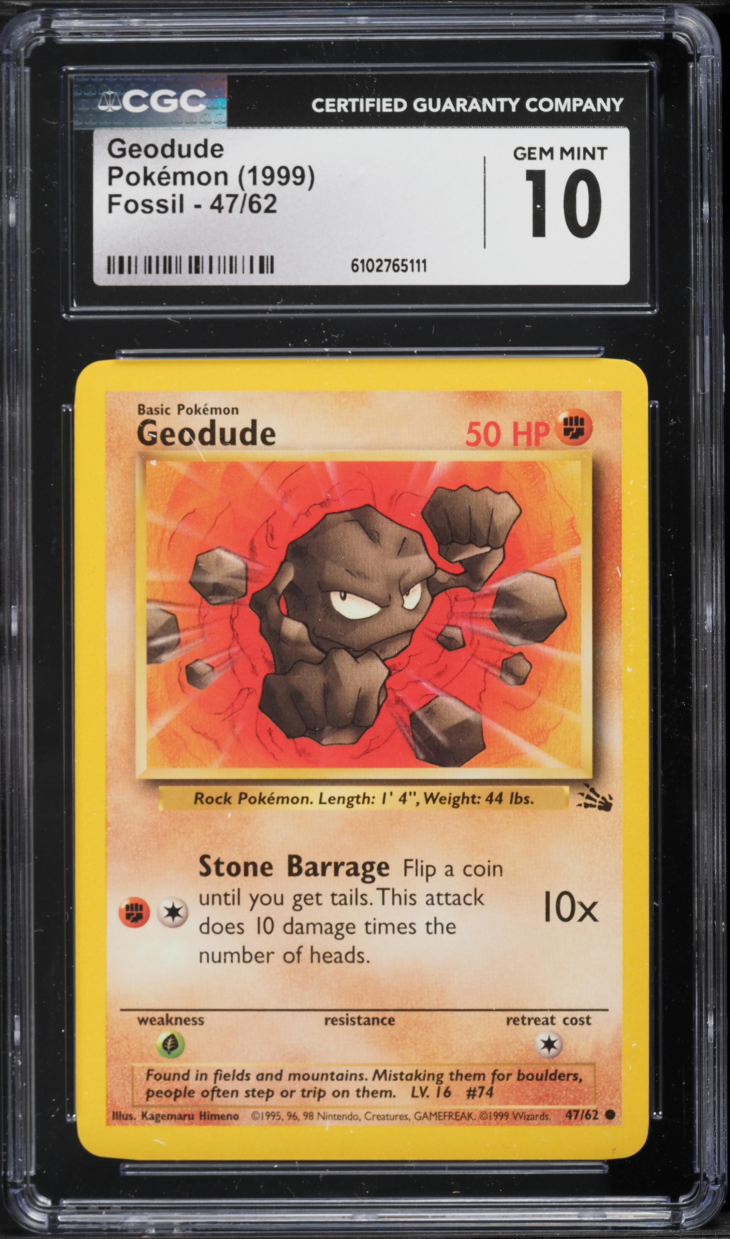 1999 Pokemon Fossil Geodude #47 CGC 10 GEM MINT