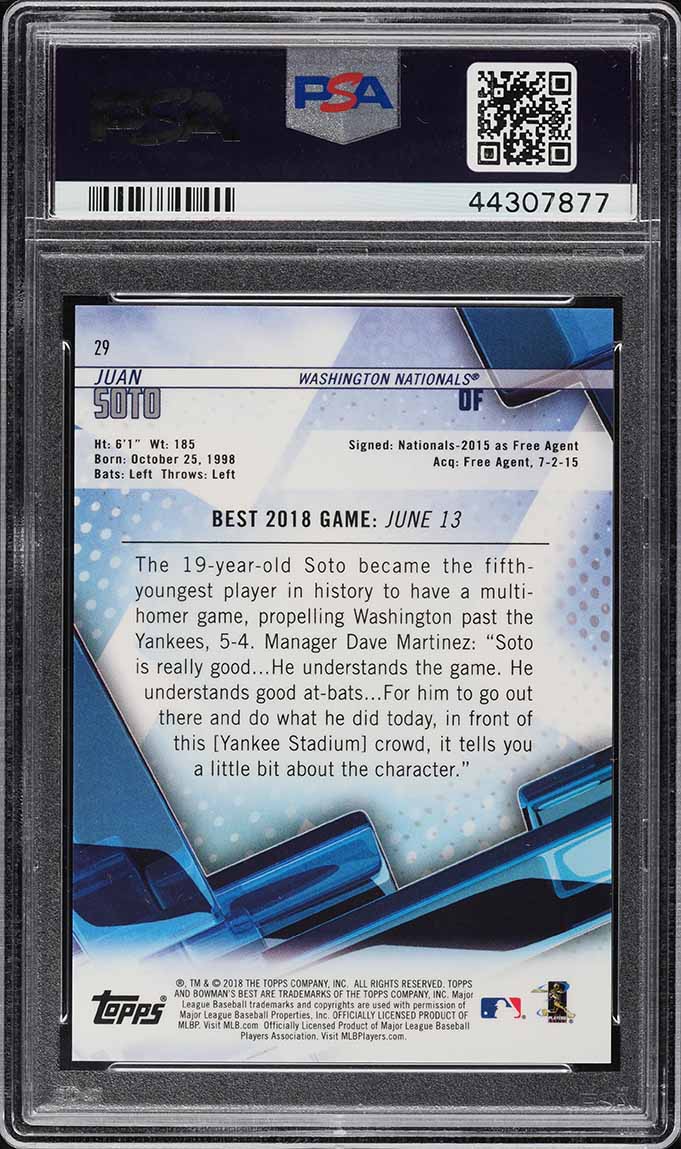 2018 Bowman's Best Purple Refractor Juan Soto ROOKIE /250 #29 PSA 10 GEM MINT