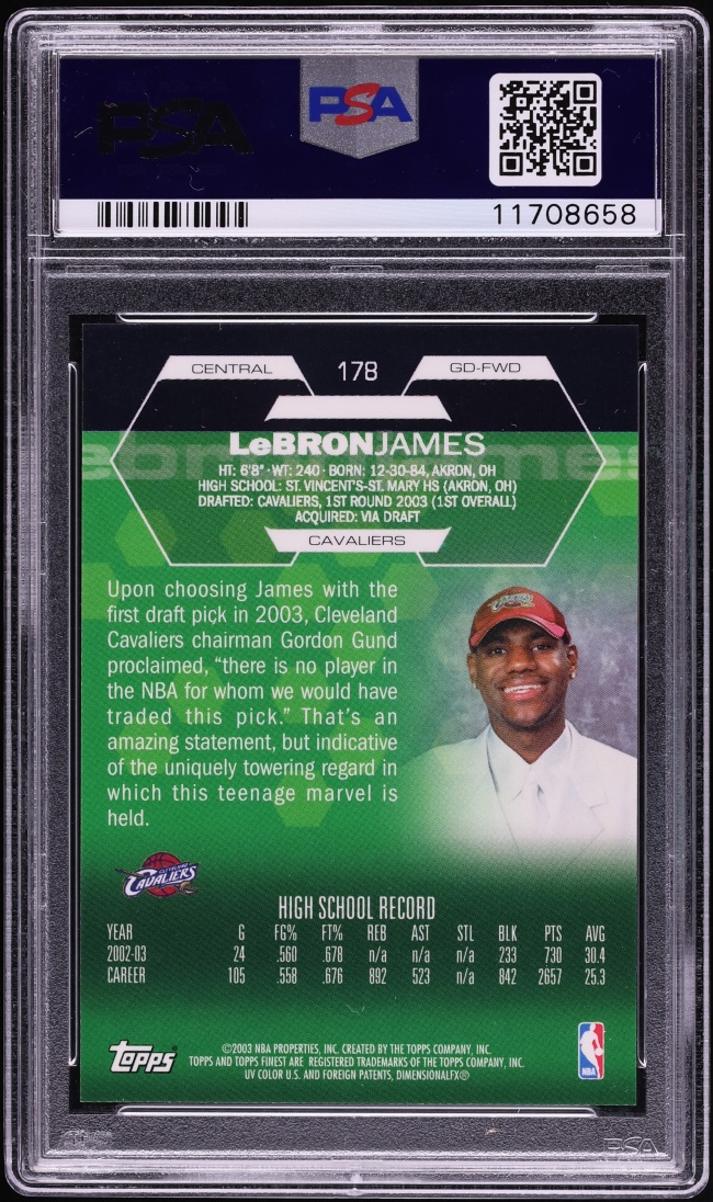 2002 Finest Basketball LeBron James ROOKIE #178 PSA 10 GEM MINT - Photo 2