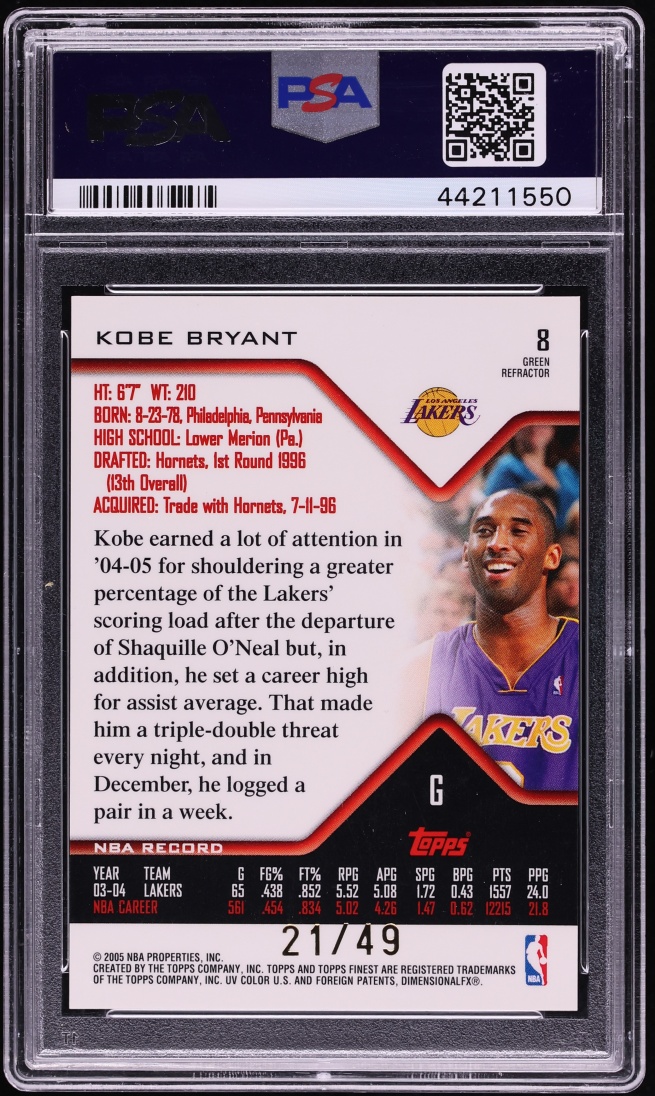 2004 Finest Green Refractor Kobe Bryant /49 #8 PSA 10 GEM MINT - Photo 2