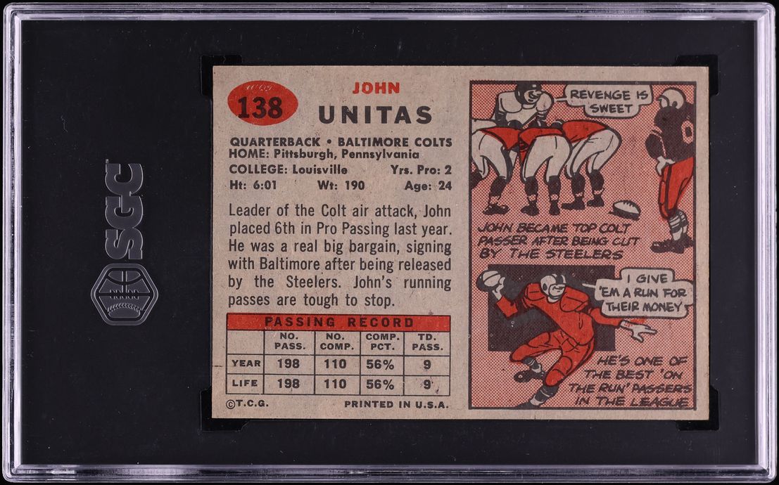 1957 Topps Football Johnny Unitas ROOKIE #138 SGC 7.5 NRMT+