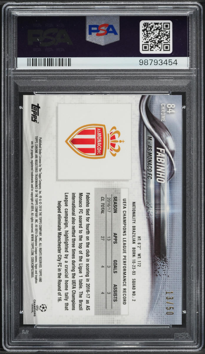 2017 Topps Chrome UEFA Champions League Gold Refractor Fabinho /50 #84 PSA 10 GEM MINT