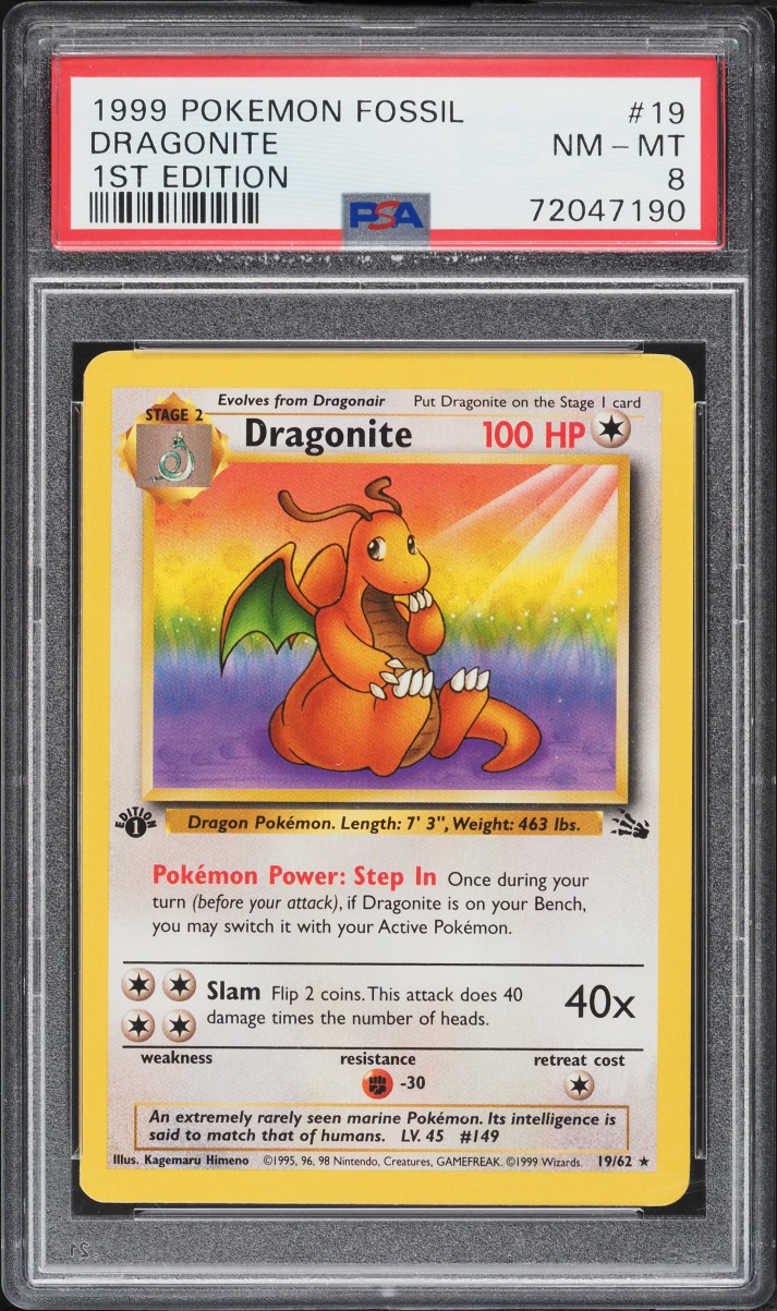 1999 Pokemon Fossil 1st Edition Dragonite #19 PSA 8 NM-MT