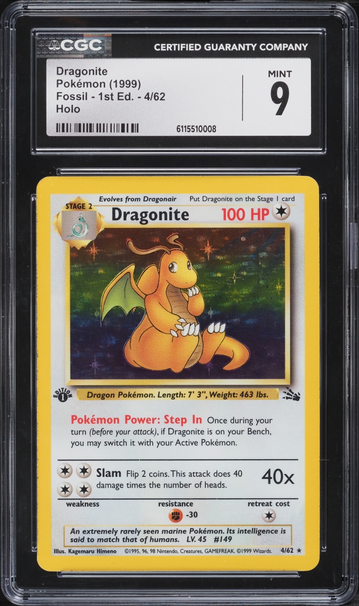 1999 Pokemon Fossil 1st Edition Holo Dragonite #4 CGC 9 MINT
