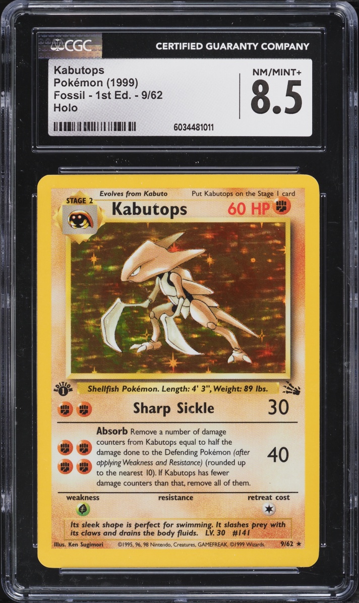 1999 Pokemon Fossil 1st Edition Holo Kabutops #9 CGC 8.5 NM-MT+