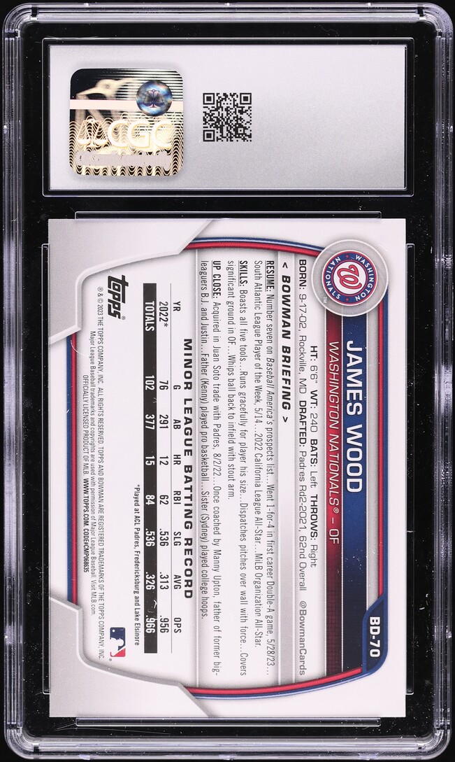 2023 Bowman Draft James Wood #BD-70 CGC 10 GEM MINT