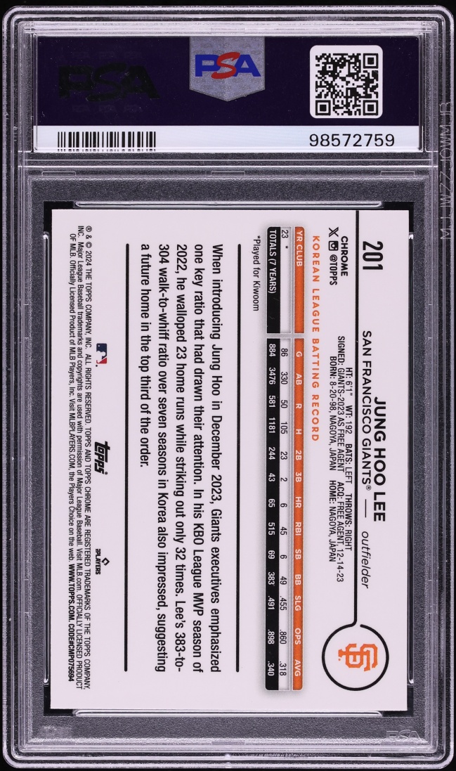 2024 Topps Chrome Gold Refractor Jung Hoo Lee ROOKIE /50 #201 PSA 10 GEM MINT - Photo 2