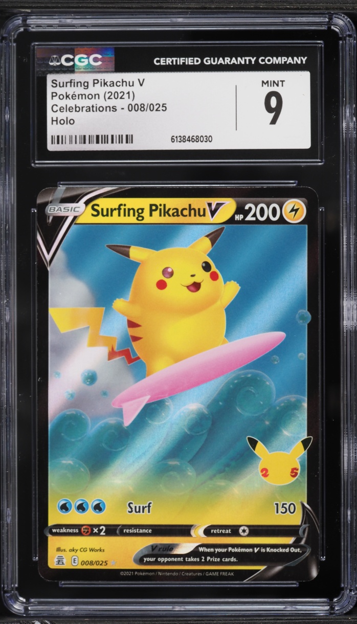 2021 Pokemon Sword & Shield Celebrations Holo Surfing Pikachu V #8 CGC 9 MINT