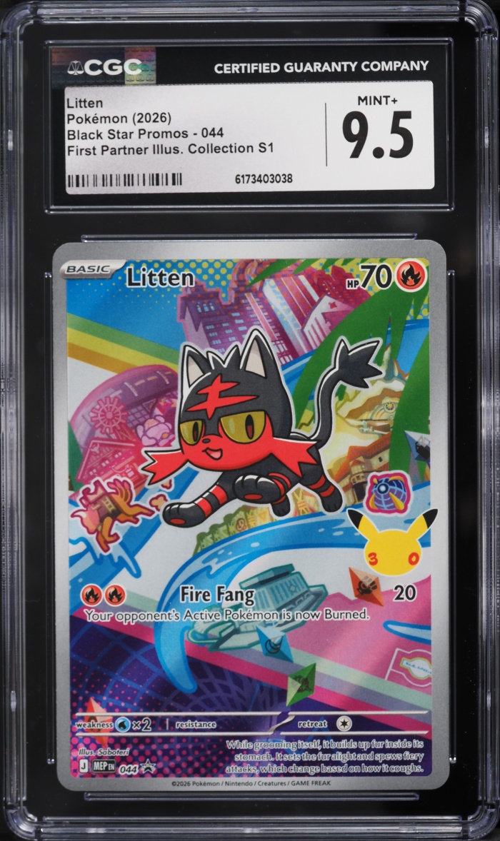 2026 Pokemon Mega Evolution Promo First Partner Illustration S1 Full Art Litten #44 CGC 9.5 — graded slab, front