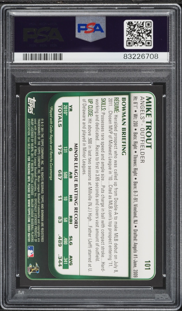 2011 Bowman Draft Mike Trout ROOKIE #101 PSA 9 MINT