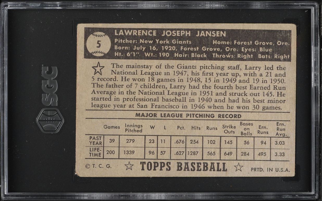 1952 Topps Larry Jansen BLACK BACK #5 SGC 2.5 GD+