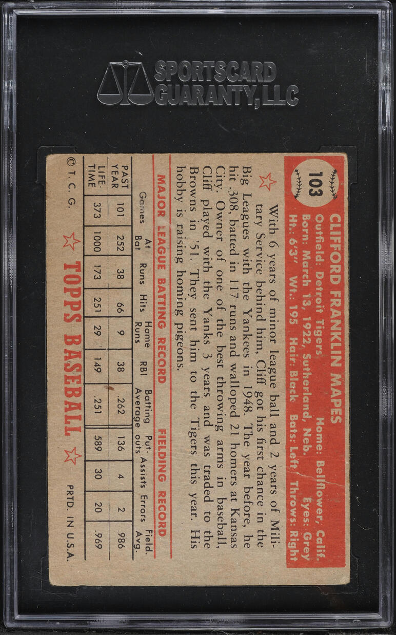 1952 Topps Cliff Mapes COLLECTOR'S COLLECTION #103 SGC 2 GD