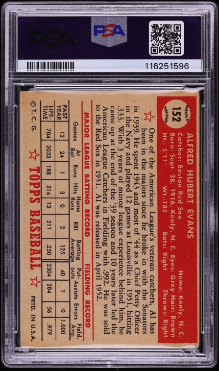 1952 Topps Al Evans #152 PSA 3 VG