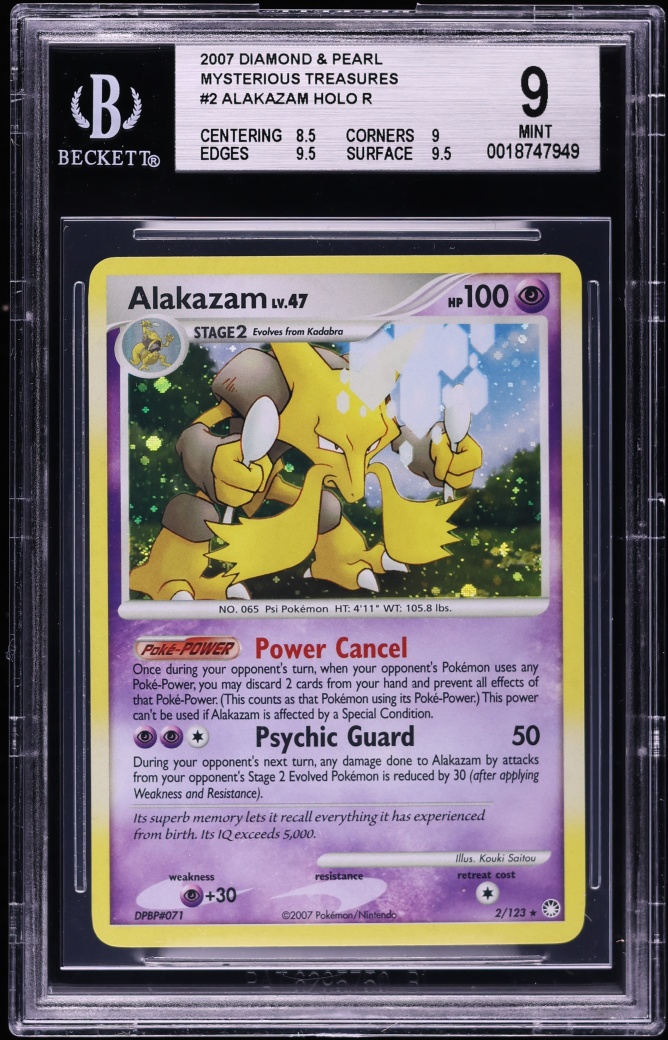 2007 Pokemon Diamond & Pearl Mysterious Treasures Holo Alakazam #2 BGS 9 MINT