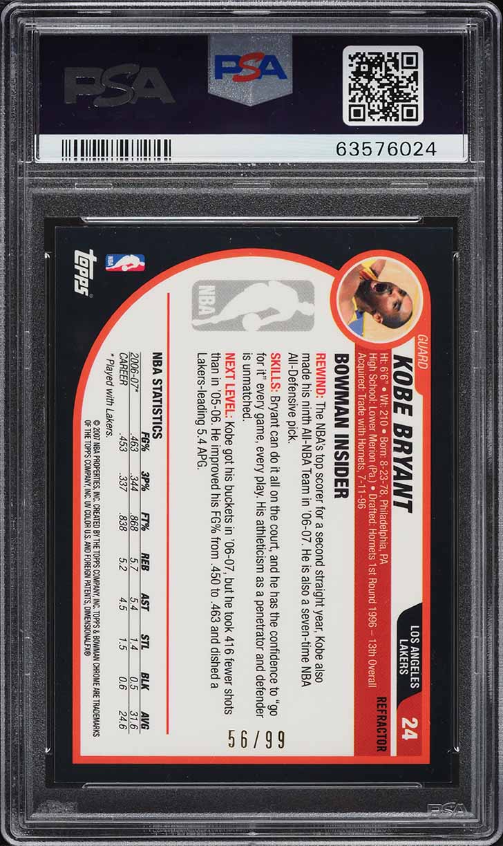 2007 Bowman Chrome Gold Refractor Kobe Bryant /99 #24 PSA 9 MINT