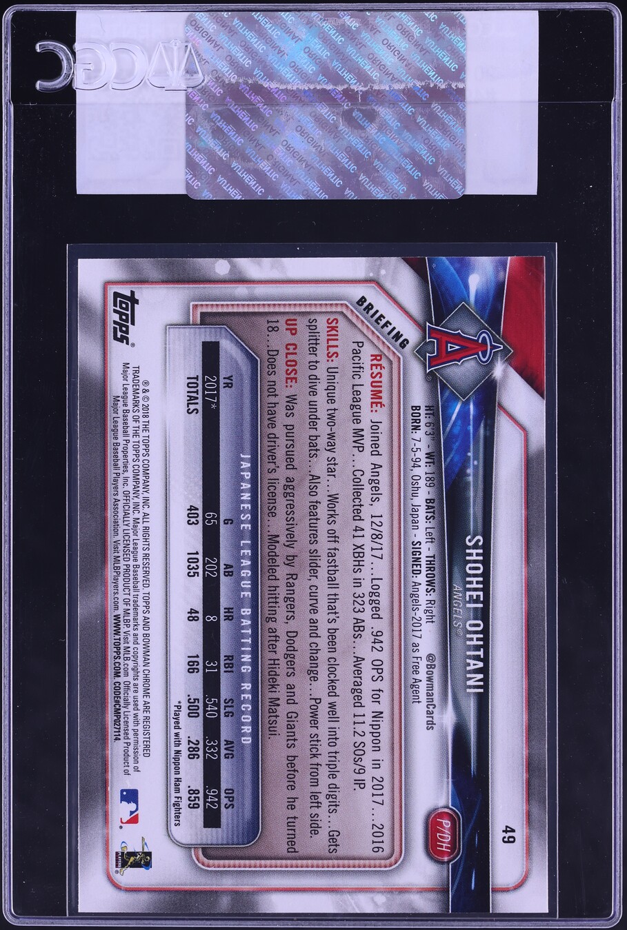 2018 Bowman Shohei Ohtani ROOKIE #49 CGC AUTH