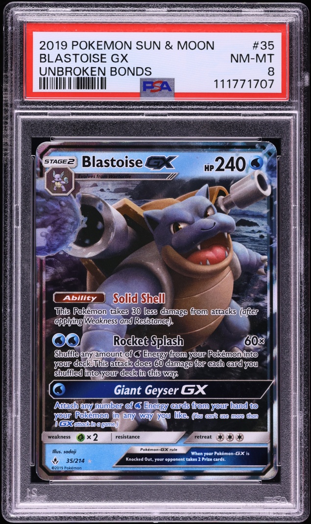 2019 Pokemon Sun & Moon Unbroken Bonds Holo Blastoise GX #35 PSA 8 NM-MT