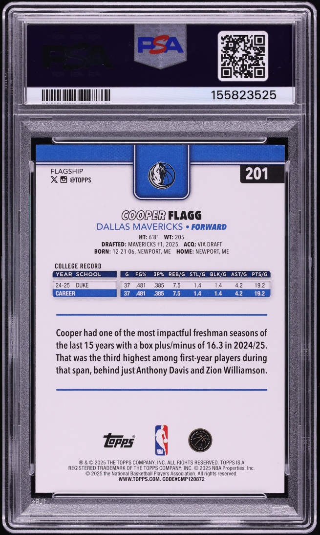 2025 Topps Basketball Cooper Flagg ROOKIE #201 PSA 10 GEM MINT