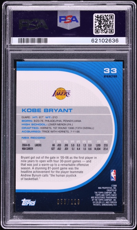 2005 Finest Xfractor Kobe Bryant /229 #33 PSA 10 GEM MINT