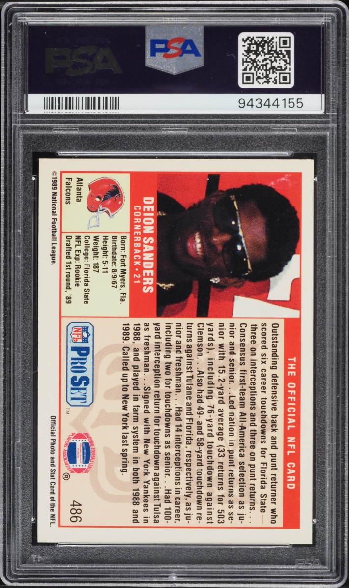 1989 Pro Set Football Deion Sanders ROOKIE #486 PSA 10 GEM MINT