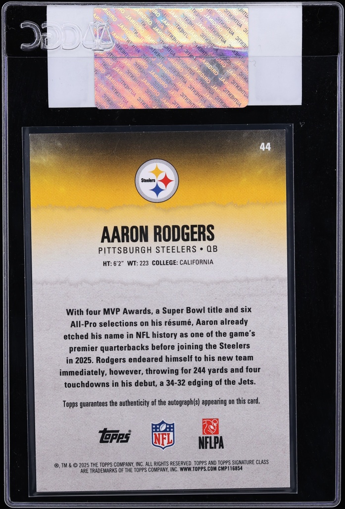 2025 Topps Signature Class Orange Lava Aaron Rodgers AUTO /50 #44 CGC AUTH - Photo 2