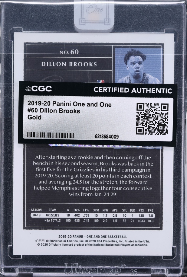2019 Panini One And One Gold Dillon Brooks /10 #60 CGC AUTH - Photo 2