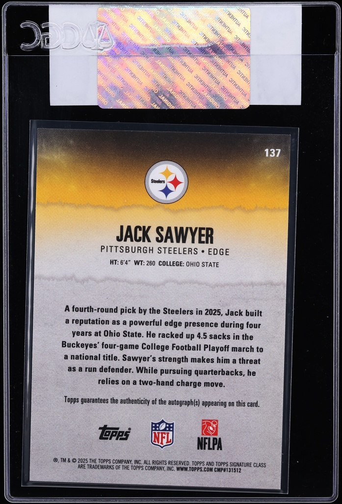 2025 Topps Signature Class Orange Lava Jack Sawyer ROOKIE AUTO /50 #137 CGC AUTH - Photo 2