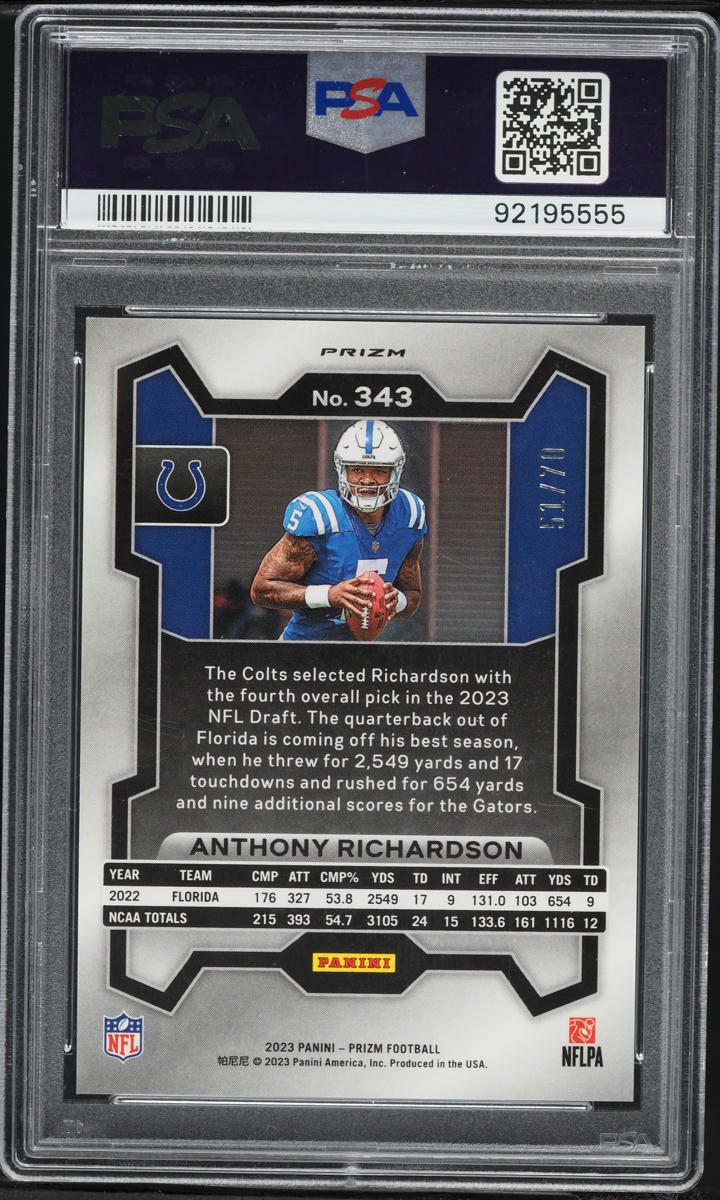 2023 Panini Prizm No Huddle Red Anthony Richardson ROOKIE /70 #343 PSA 10 GEM MINT