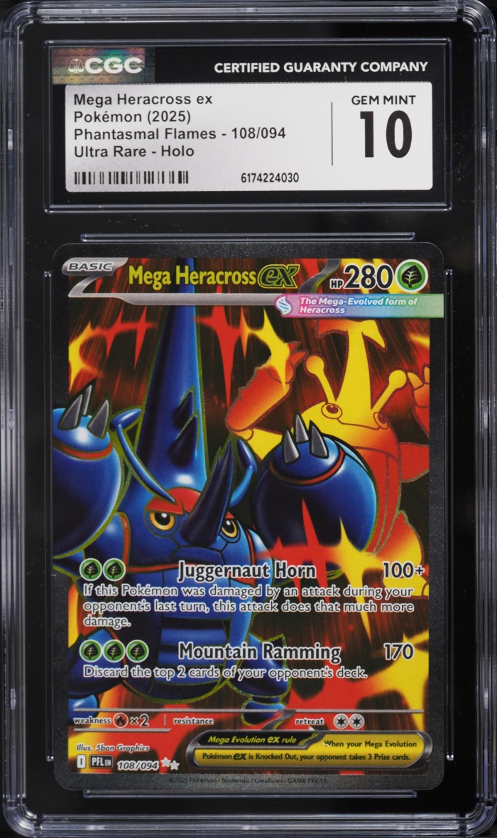 2025 Pokemon Mega Evolution Phantasmal Flames Full Art Mega Heracross ex #108 CGC 10 GEM MINT