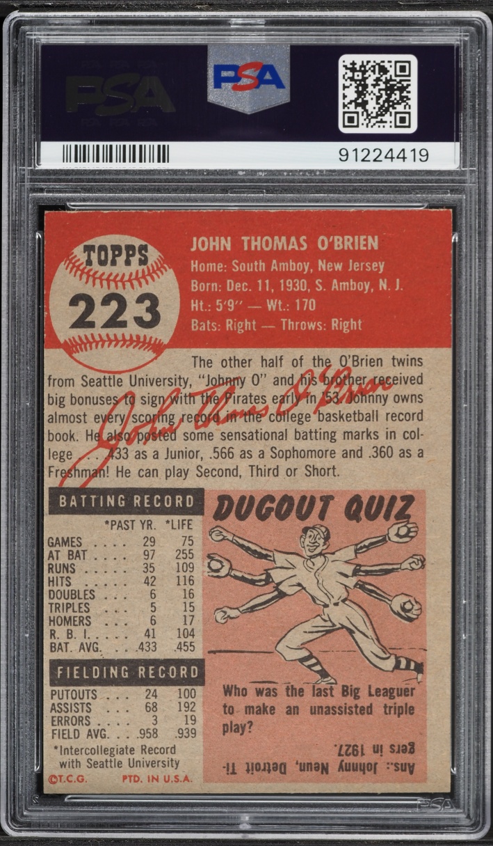 1953 Topps John O'Brien #223 PSA 6 EXMT