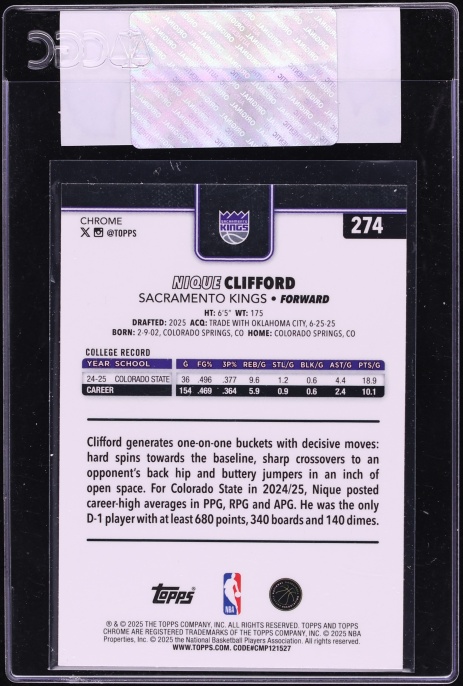 2025 Topps Chrome Yellow Raywave Refractor Nique Clifford ROOKIE /275 #274 CGC AUTH