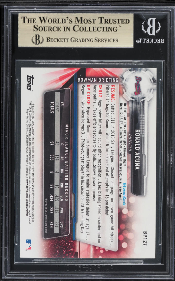 2017 Bowman Ronald Acuna Jr. PROSPECT #BP127 BGS 9.5 GEM MINT