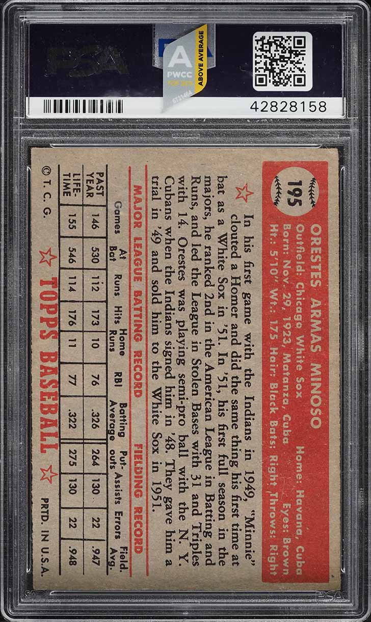 1952 Topps Minnie Minoso ROOKIE #195 PSA 6 EXMT