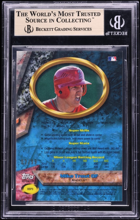 2011 Bowman's Best Refractor Mike Trout ROOKIE /99 #BBP9 BGS 9.5 GEM MINT - Photo 2