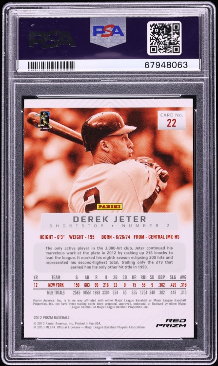2012 Panini Prizm Red Derek Jeter #22 PSA 10 GEM MINT - Photo 2