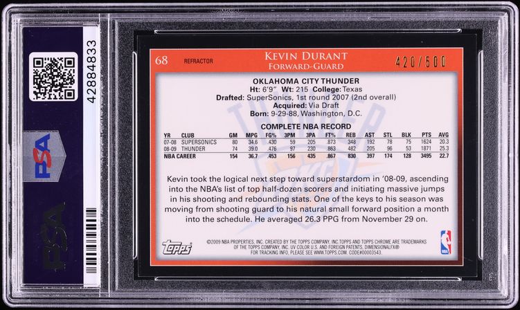 2009 Topps Chrome Refractor Kevin Durant /500 #68 PSA 10 GEM MINT - Photo 2
