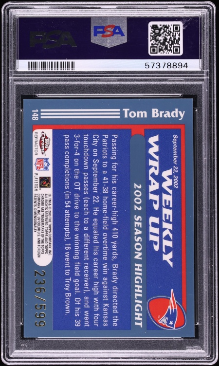 2003 Topps Chrome Black Refractor Tom Brady /599 #148 PSA 9 MINT - Photo 2