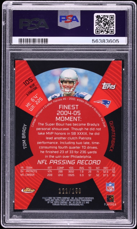 2005 Finest Blue Xfractor Tom Brady /150 #105 PSA 9 MINT - Photo 2