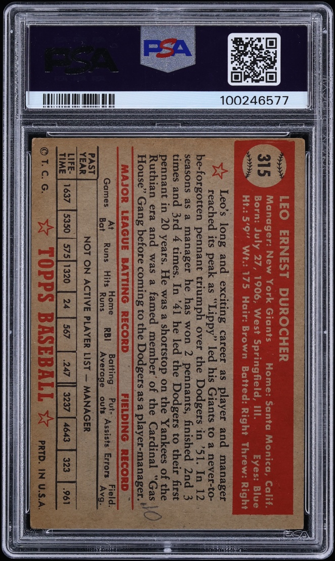 1952 Topps Leo Durocher #315 PSA 4(mk) VGEX - Photo 2