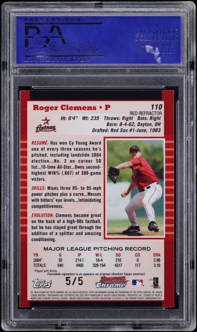 2005 Bowman Chrome Red Refractor Roger Clemens 5/5 #110 PSA 9 MINT - Photo 2