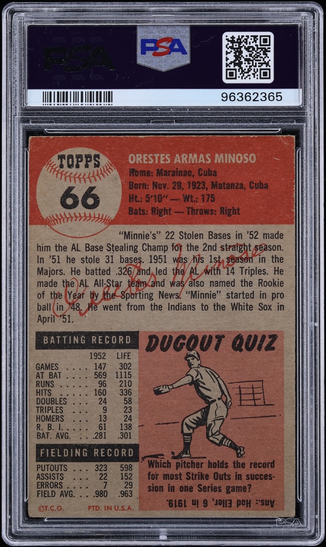 1953 Topps Minnie Minoso AUTO DNA 9 #66 PSA 3 VG - Photo 2