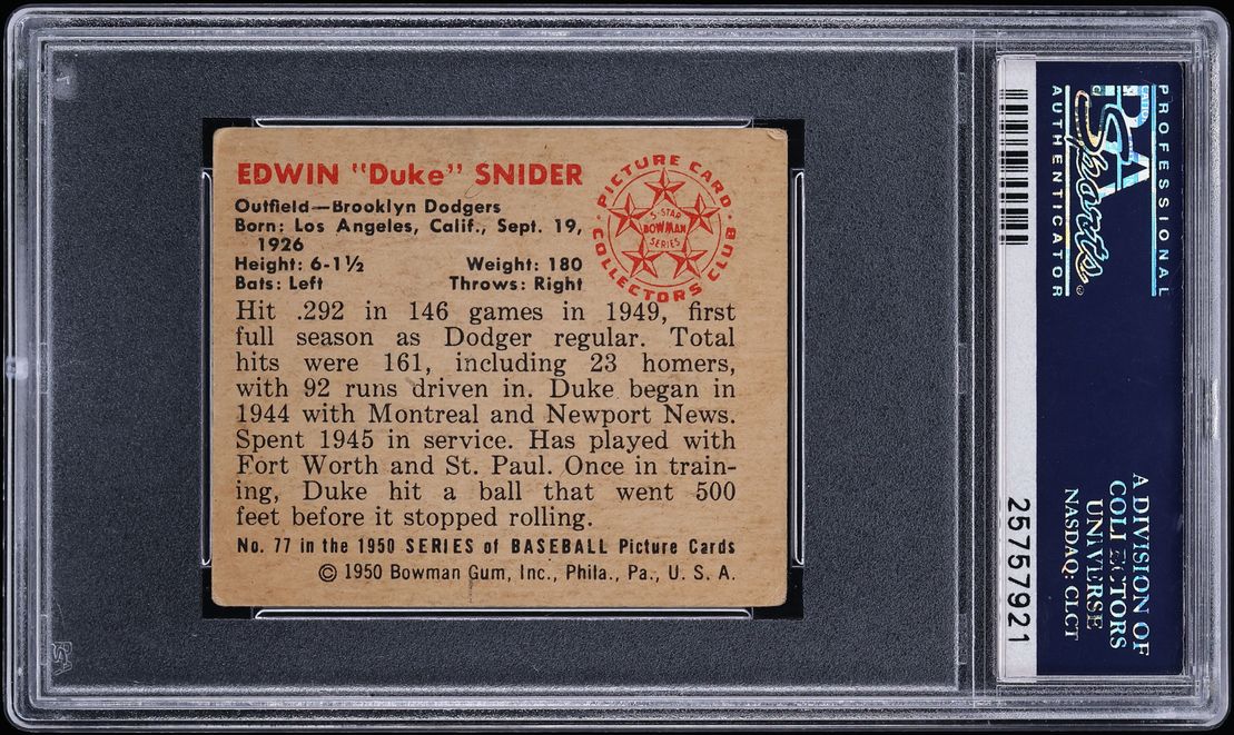 1950 Bowman Duke Snider AUTO #77 PSA/DNA AUTH - Photo 2
